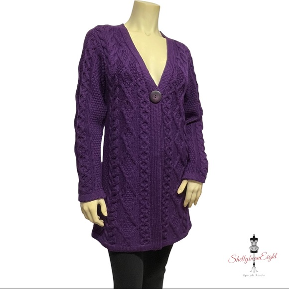 ARAN CRAFTS Merino Wool Chunky Knit Single Button Cardigan Sweater Purple XS S - Picture 3 of 13